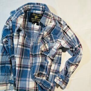 7s Seven Souls Fleur De Lis Embroidered Plaid Flannel Button Up Sz 4